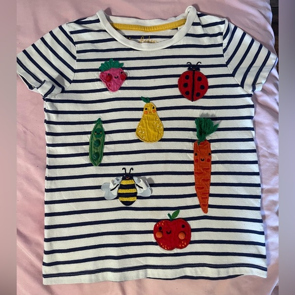 Mini Boden Other - Mini Boden Navy Striped Tee with Colorful Fruit and Insect Patches